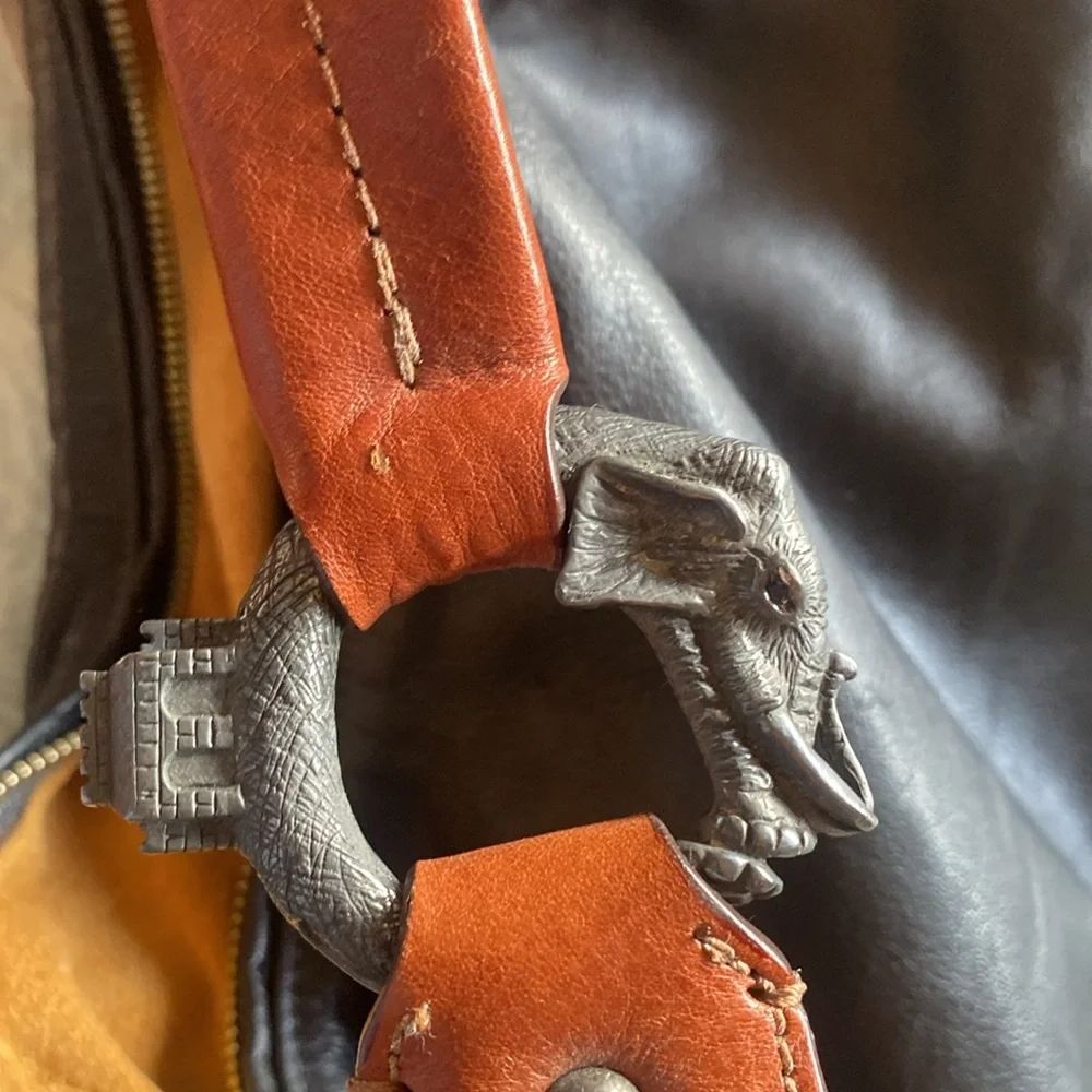 Black Leather Hobo Bag with Tan Shoulder Strap